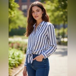 Luna Tuccini Blue and White 3/4 Sleeve Button Down Shirt S new